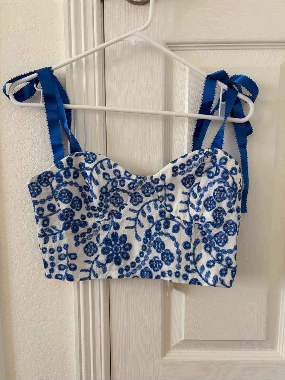 Altar'd State White & Blue Embroidered Tie-Shoulder Crop Top